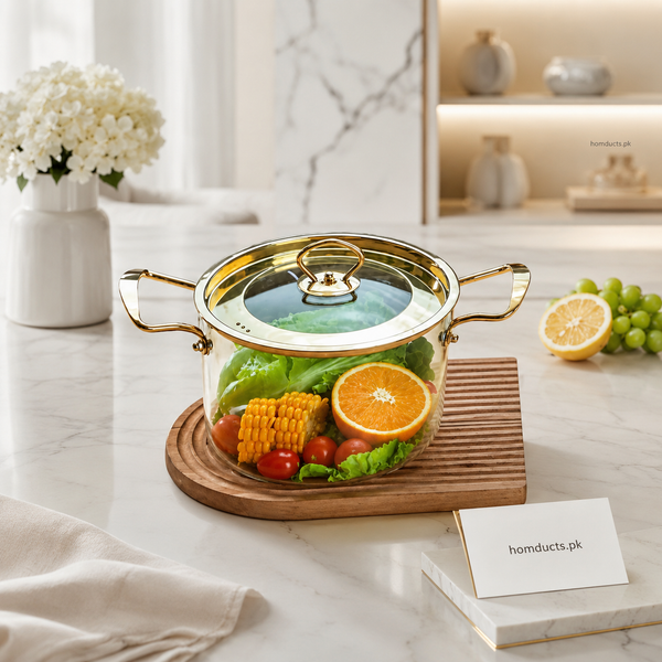 Luxury Gold Rim Glass Cooking Pot with Lid – Premium Heat Resistant Serving Pot