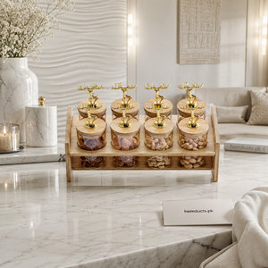 Luxury 8-Piece Glass Jar Storage Set with Wooden Rack & Golden Deer Lids