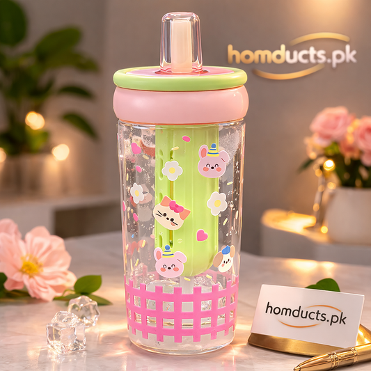 630ml Cute Glass Sipper Cup with Straw & Handle – Kawaii Cartoon Drink Tumbler