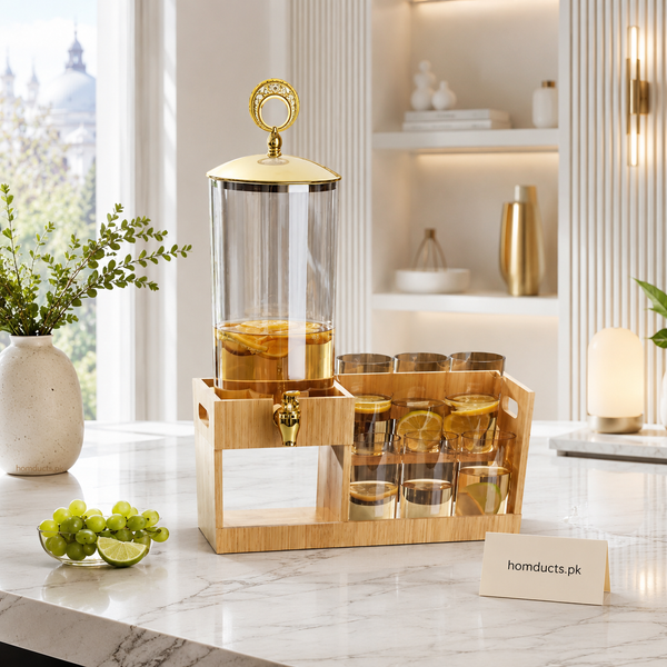 Luxury Glass Beverage Dispenser Set with Wooden Stand & Premium Serving Glasses