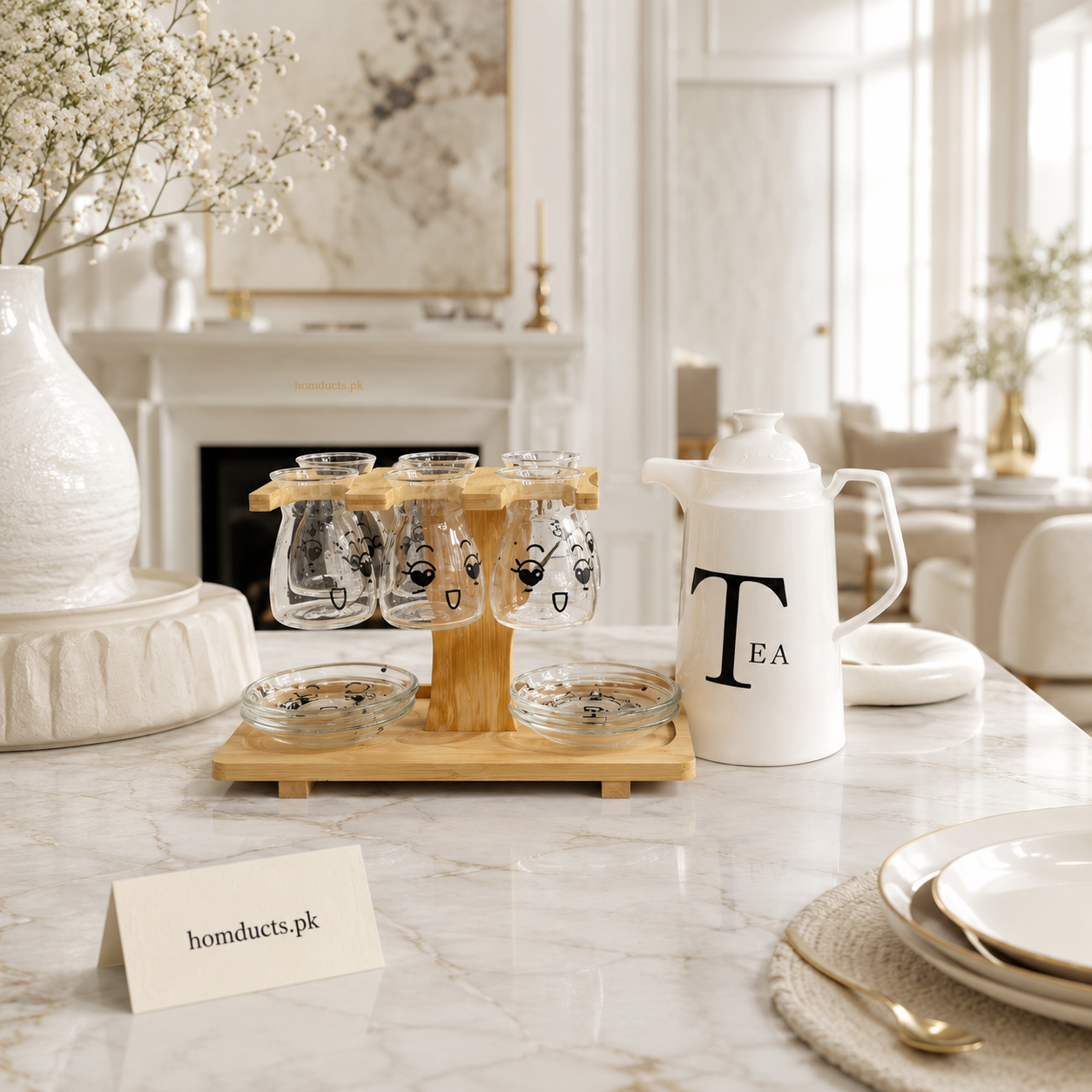 15 Pcs Luxury Glass Tea Set with Wooden Stand & Ceramic Kettle