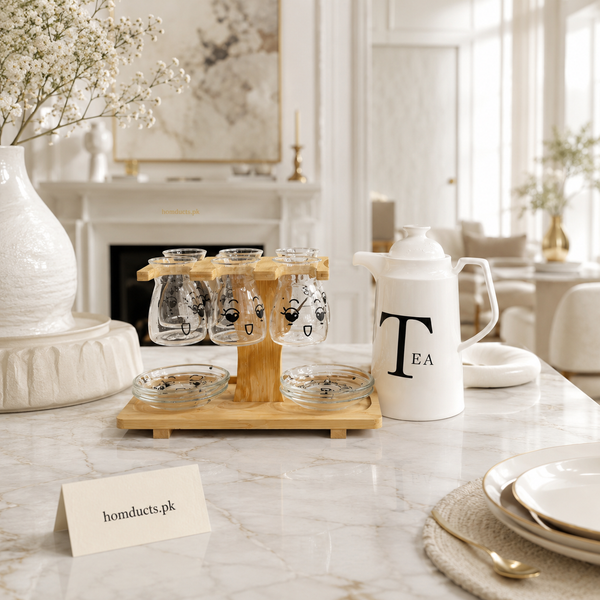 15 Pcs Luxury Glass Tea Set with Wooden Stand & Ceramic Kettle