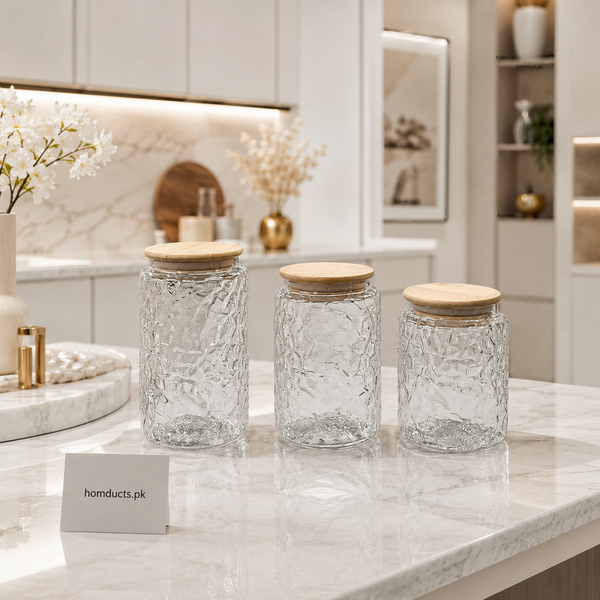 Homducts Textured Airtight Glass Storage Jars with Wooden Lid – Luxury Kitchen Organizer Set (3 Sizes)