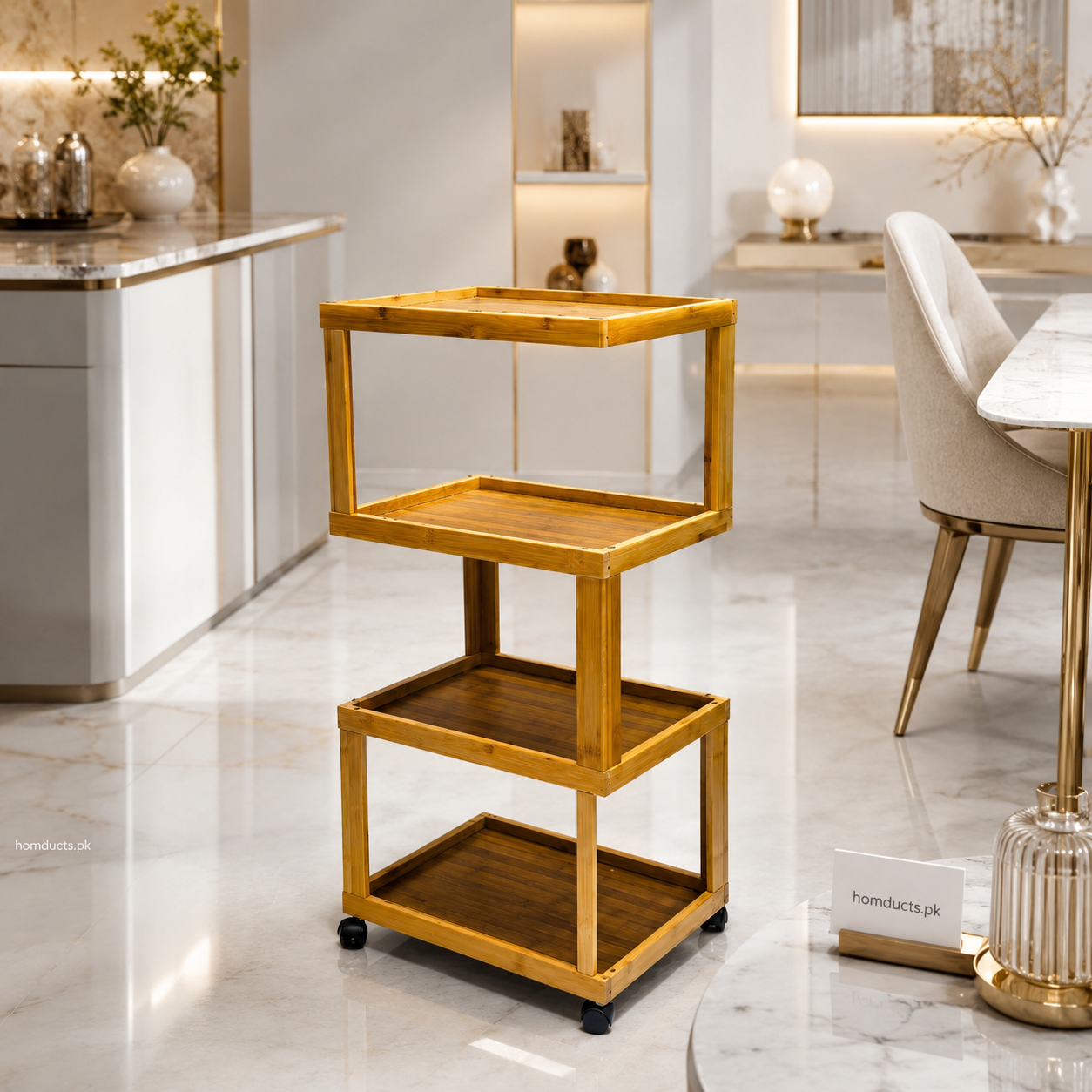 Luxury 4-Tier Bamboo Rolling Storage Trolley with Rattan Shelves