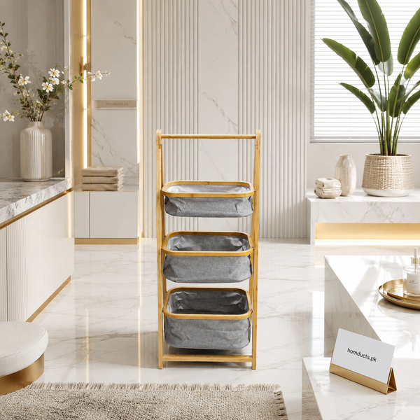 3-Tier Bamboo Laundry Hamper Organizer with Removable Fabric Storage Baskets – Luxury Space Saving Laundry Cart | Homducts.pk