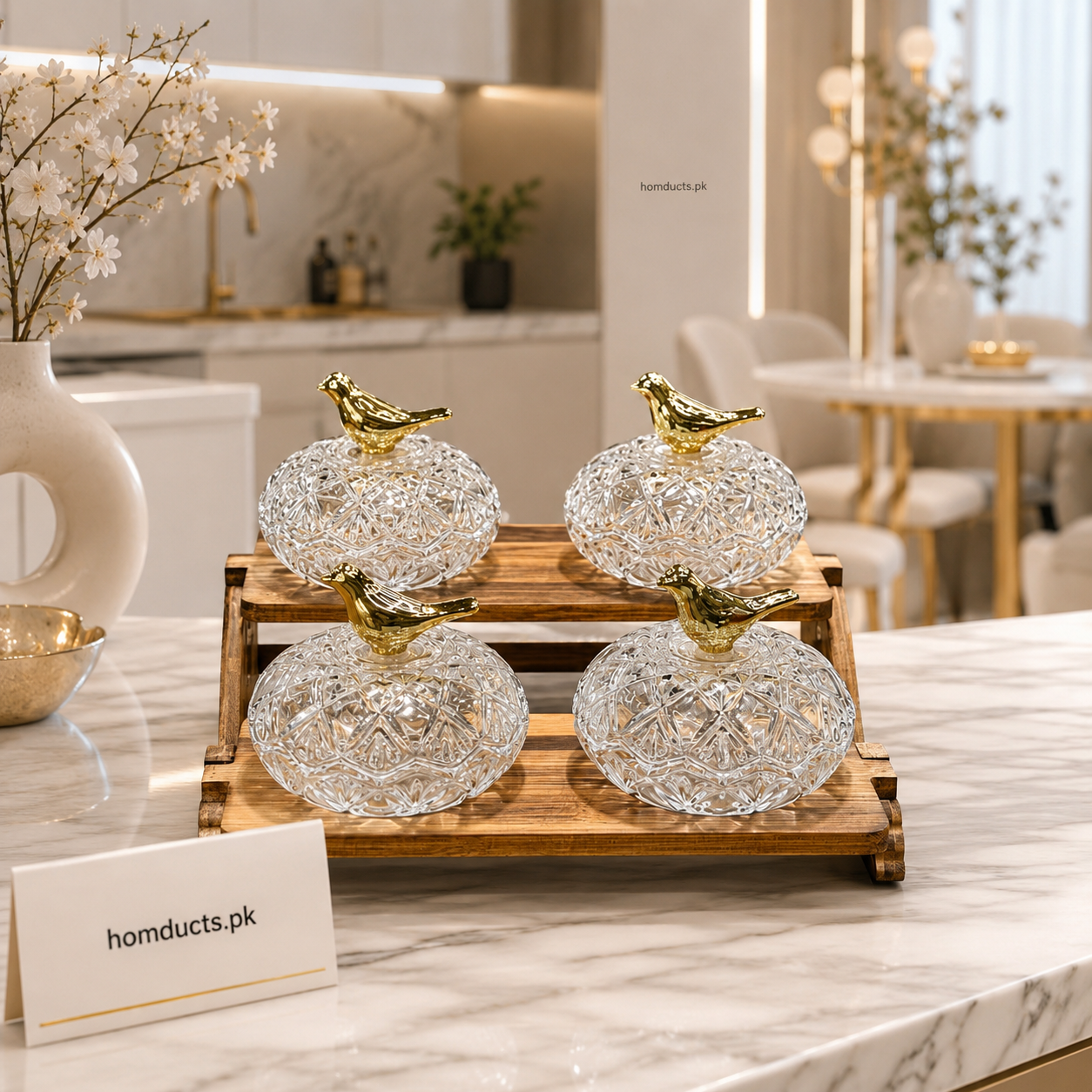 Luxury 2-Tier Crystal Dry Fruit Serving Stand Set with Gold Bird Lids – 4 Glass Bowls on Wooden Tray