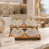 Luxury 2-Tier Crystal Dry Fruit Serving Stand Set with Gold Bird Lids – 4 Glass Bowls on Wooden Tray