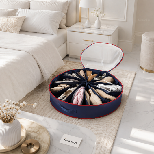 Homducts 360° Round Shoe Organizer Storage Bag – Under Bed Space Saver with Zipper Cover
