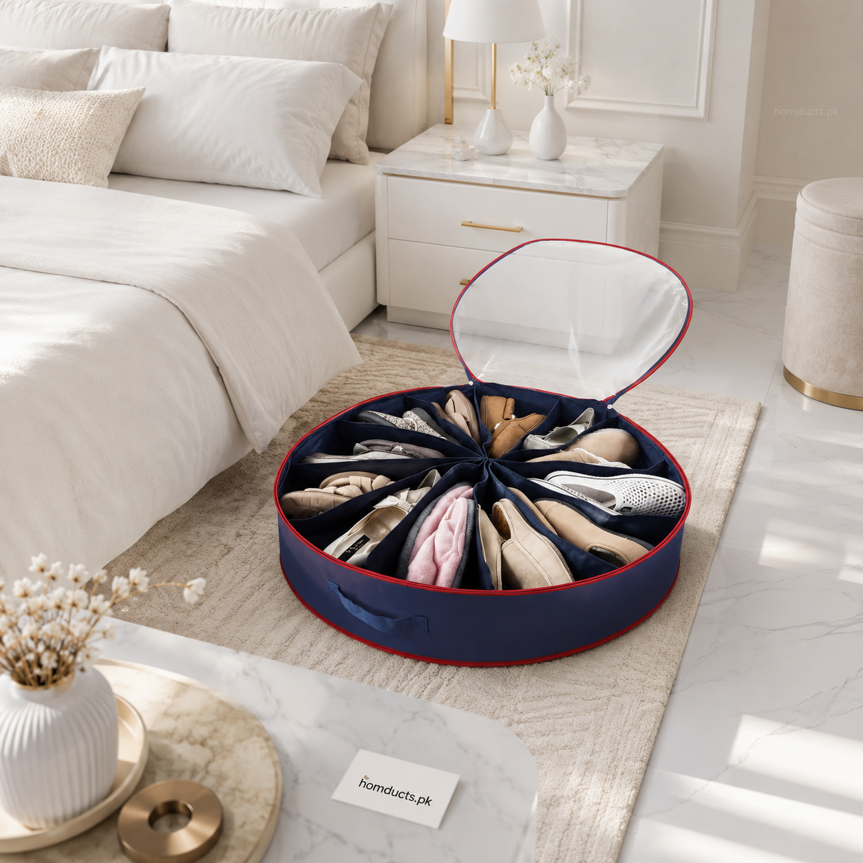 Homducts 360° Round Shoe Organizer Storage Bag – Under Bed Space Saver with Zipper Cover