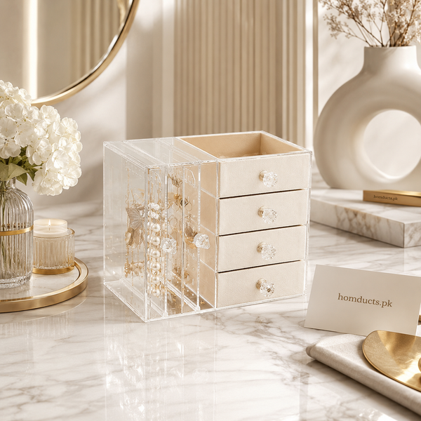 Acrylic Jewelry Organizer Box with Drawers and Earring Holder – Clear Storage Case for Rings, Watches & Accessories
