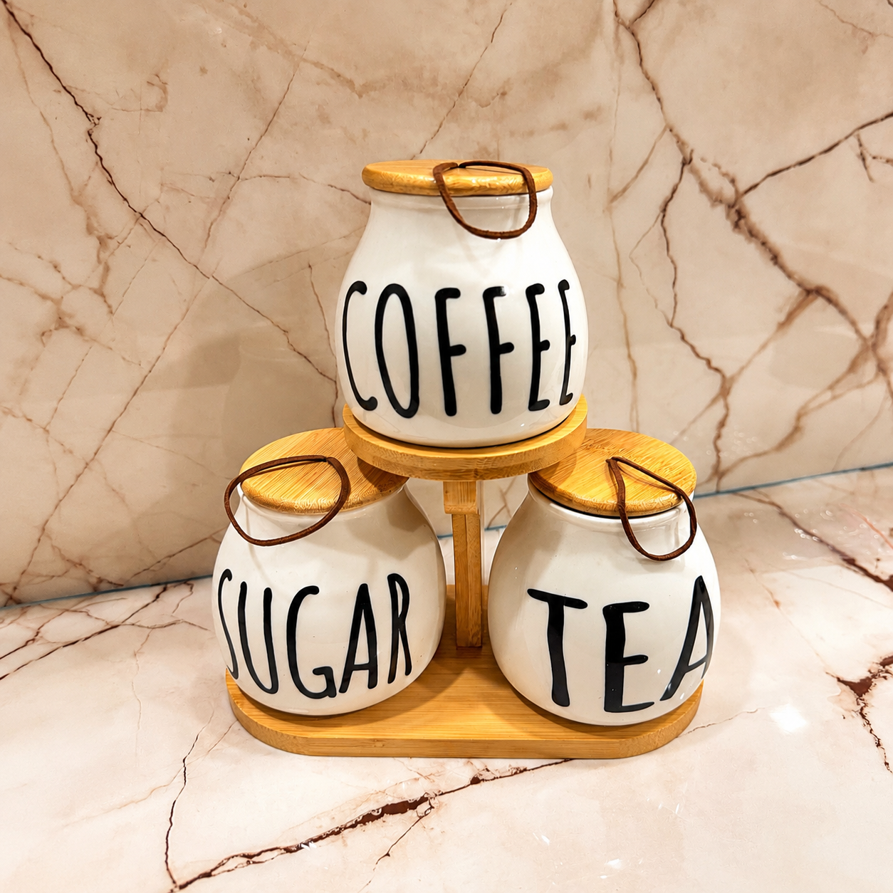 3-Piece Ceramic Coffee, Tea & Sugar Storage Jar Set with Bamboo Stand & Wooden Lids