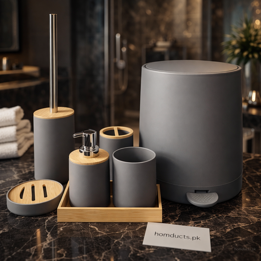 Premium 6-Piece Bathroom Accessories Set with Trash Bin & Bamboo Organizer Tray