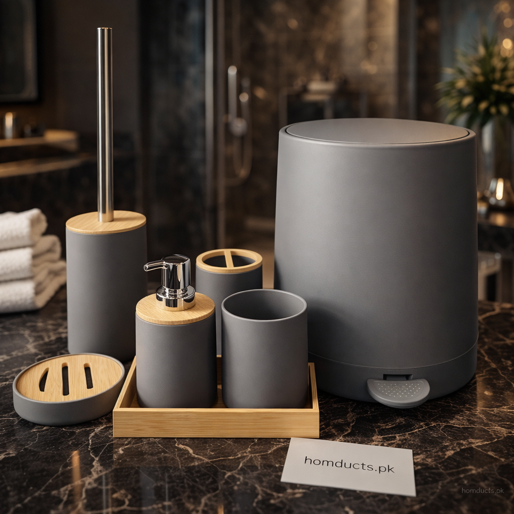 Premium 6-Piece Bathroom Accessories Set with Trash Bin & Bamboo Organizer Tray