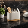 Premium Dual-Compartment Kitchen Utensil Organizer with Wooden Base – Modern Cutlery & Tool Holder