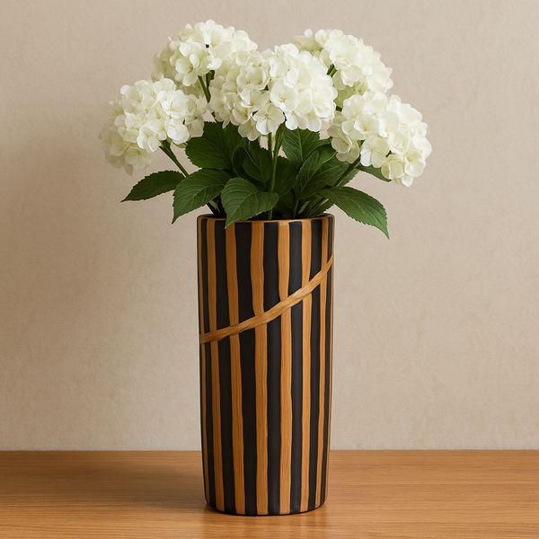 Luxury Matte Black & Gold Stripe Ceramic Vase – Modern Home Décor