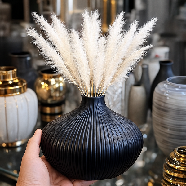 Modern Black Ribbed Decorative Vase – Premium Home Décor Accent