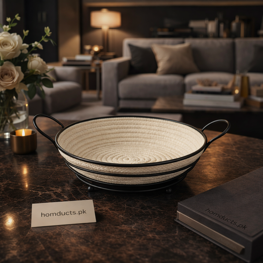 Premium Woven Rope Serving Basket with Metal Handles – Stylish Tabletop Organizer Bowl