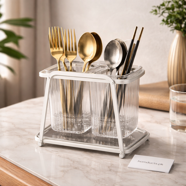 Premium Dual Compartment Utensil Holder with Drain Tray – Modern Kitchen Organizer Stand