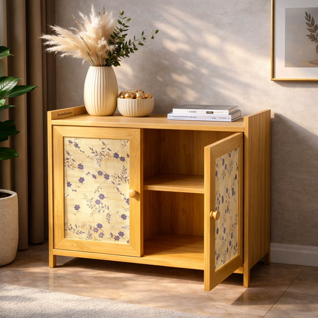 Compact Wooden Storage Cabinet with Floral Doors – Small Multi-Purpose Organizer