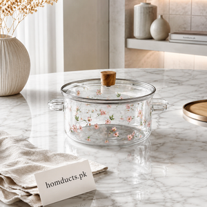 2.5L Floral Glass Cooking Pot with Glass Lid & Wooden Handle | Heat-Resistant Glass Casserole