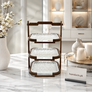 Luxury Walnut 3-Tier Serving Stand with Textured Glass Trays | Premium Dessert & Display Stand