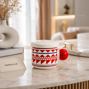 Red & White Ceramic Mug with Lid – Premium Decorative Coffee & Tea Cup