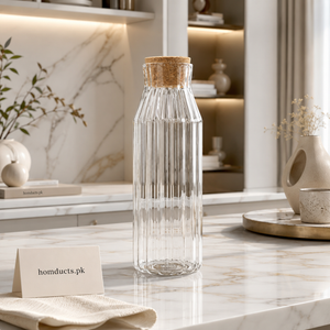 1L Ribbed Glass Water Bottle with Airtight Cork Lid | Premium Glass Storage Bottle