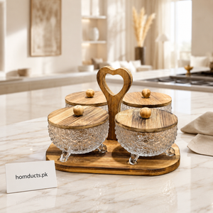 Luxury 4-Piece Glass Dry Fruit Serving Bowl Set with Wooden Stand & Lids