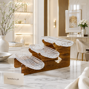 Luxury Walnut 3-Tier Serving Stand with Crystal Glass Trays | Premium Snack & Dessert Display