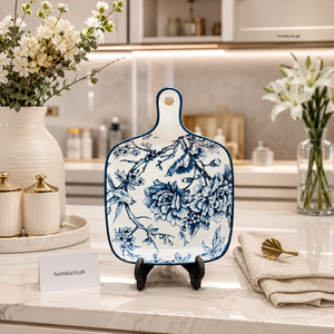 Blue Floral Ceramic Serving Board with Handle | Decorative Cheese & Charcuterie Platter (6.5inch)