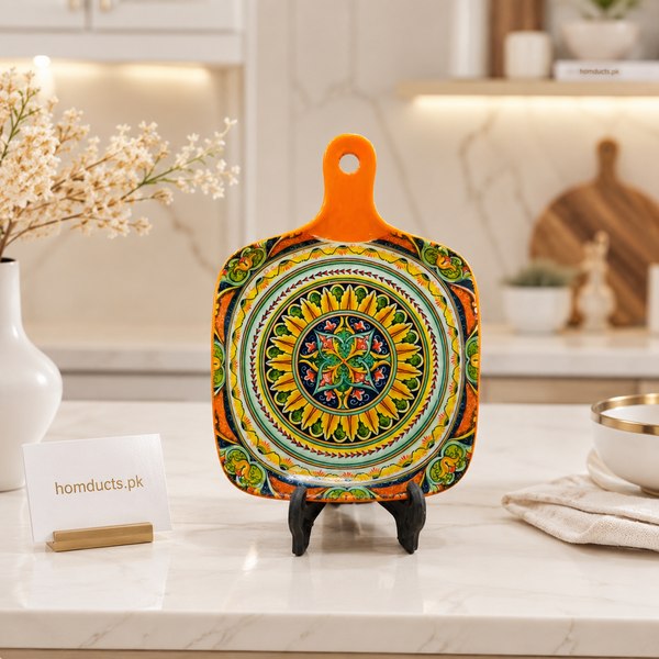 Luxury Hand-Painted Ceramic Decorative Serving Board with Handle | Mediterranean Kitchen & Wall Décor (6.5inch)
