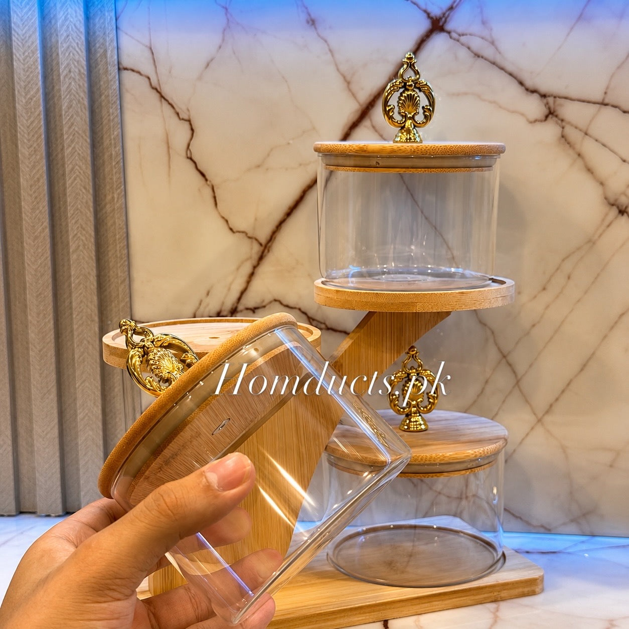 Luxury 3-Tier Glass Storage Jars with Bamboo Stand & Golden Crown Lids