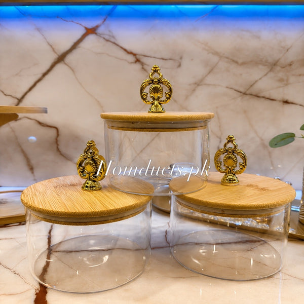 Luxury 3-Tier Glass Storage Jars with Bamboo Stand & Golden Crown Lids