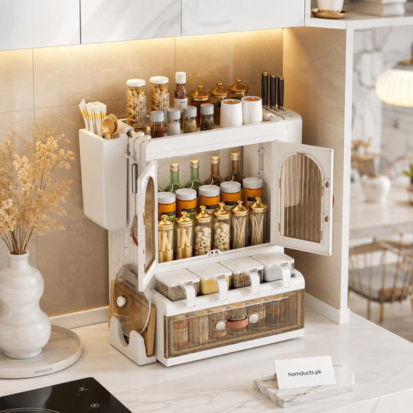 Luxury Multifunctional Kitchen Storage Cabinet & Spice Organizer Rack with Drawer, Knife Holder & Cutting Board Stand