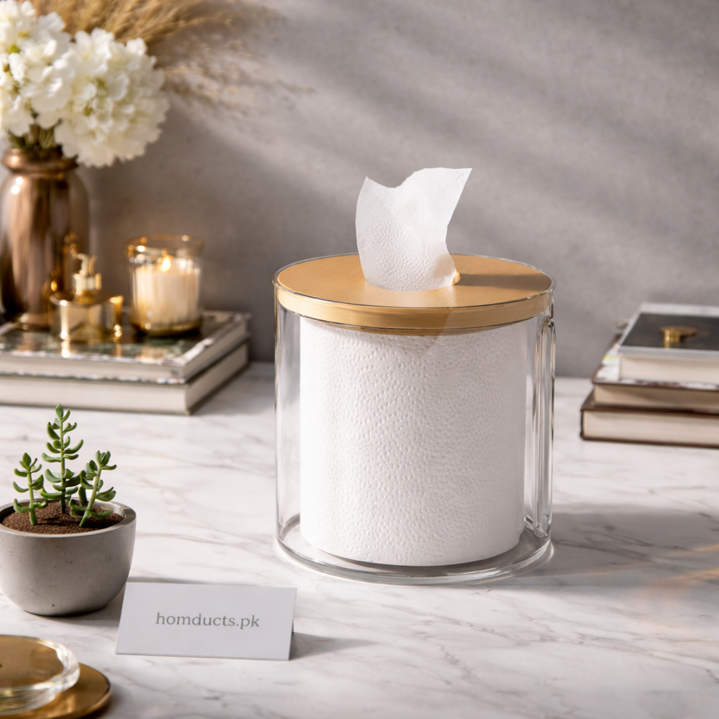 Luxury Transparent Tissue Holder with Wooden Lid – Modern Bathroom & Tabletop Organizer
