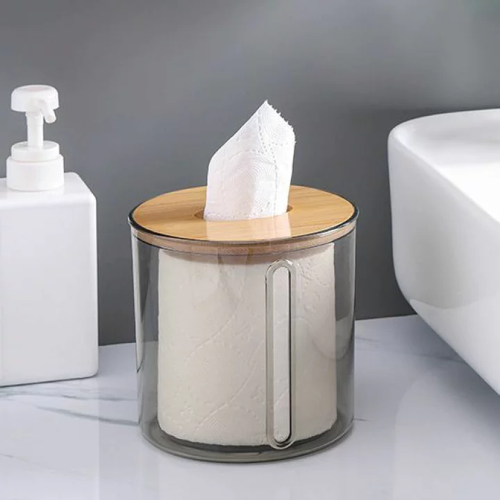 Luxury Transparent Tissue Holder with Wooden Lid – Modern Bathroom & Tabletop Organizer