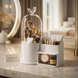 Luxury Rotating Makeup Organizer with Dustproof Cover – Multi-Compartment Cosmetic Storage Box