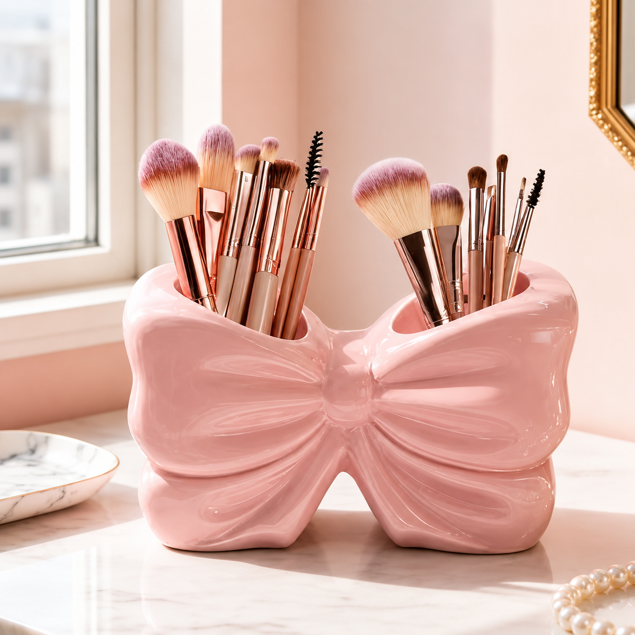 Elegant Bow Multi-Purpose Organizer – Toothbrush & Makeup Brush Holder Stand