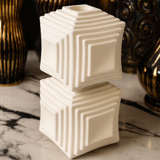 Geometric Ceramic Cube Vase – Modern White Minimalist Table Décor