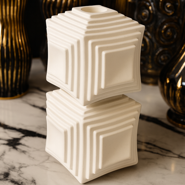 Geometric Ceramic Cube Vase – Modern White Minimalist Table Décor