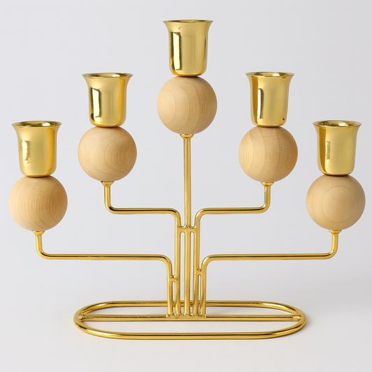 Luxury Golden Candle Holder with Wooden Beads – 5-Head Tabletop Candelabra | Modern Home Décor Centerpiece