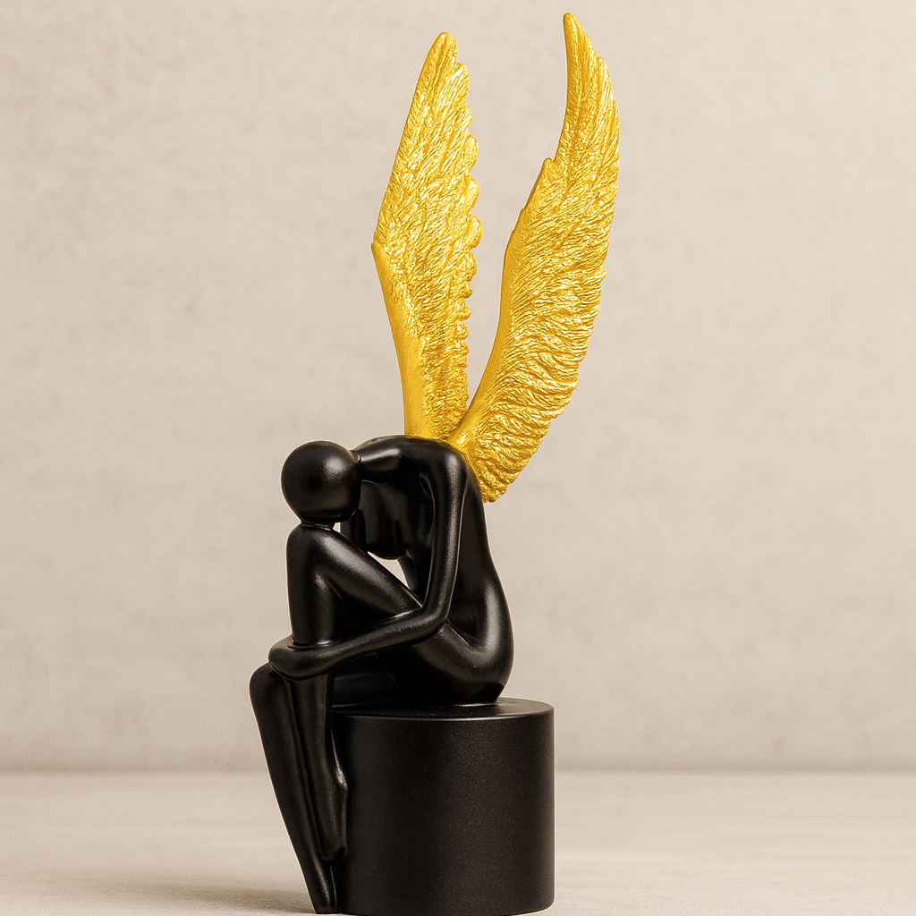 Golden Wings Abstract Angel Statue – Modern Black Figurine Home Décor