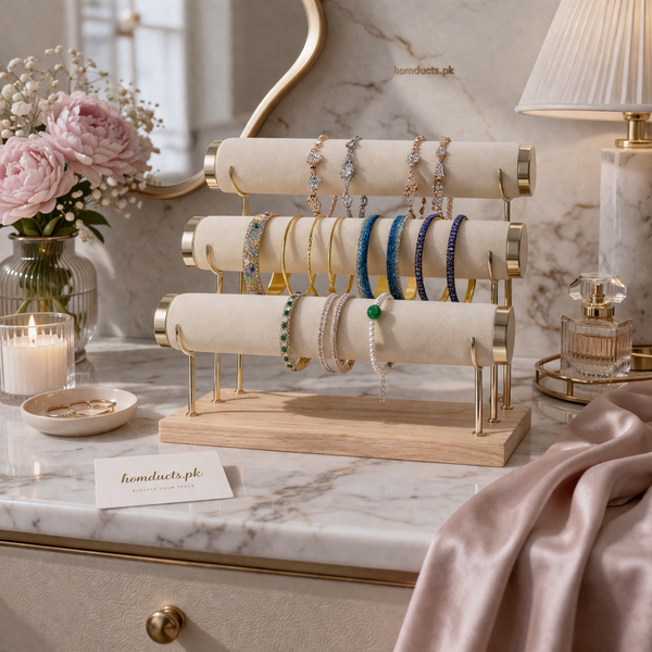 3-Tier Velvet Bracelet & Bangle Display Stand – Elegant Jewelry Organizer with Gold Accents & Wooden Base