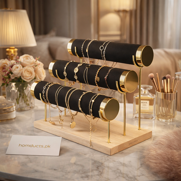 3-Tier Velvet Bracelet & Bangle Display Stand – Elegant Jewelry Organizer with Gold Accents & Wooden Base