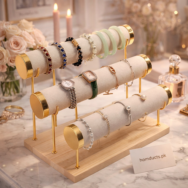 3-Tier Velvet Bracelet & Bangle Display Stand – Elegant Jewelry Organizer with Gold Accents & Wooden Base