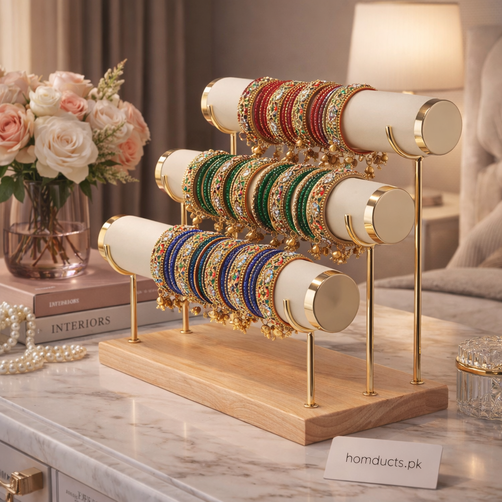 3-Tier Velvet Bracelet & Bangle Display Stand – Elegant Jewelry Organizer with Gold Accents & Wooden Base