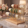 3-Tier Velvet Bracelet & Bangle Display Stand – Elegant Jewelry Organizer with Gold Accents & Wooden Base