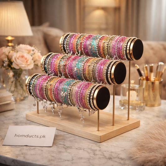 3-Tier Velvet Bracelet & Bangle Display Stand – Elegant Jewelry Organizer with Gold Accents & Wooden Base