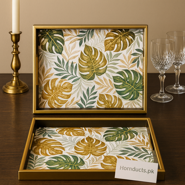 Luxury Tropical Leaf Print Serving Tray – 2 Pcs Premium Gold Frame Set | Decorative Coffee & Dining Trays