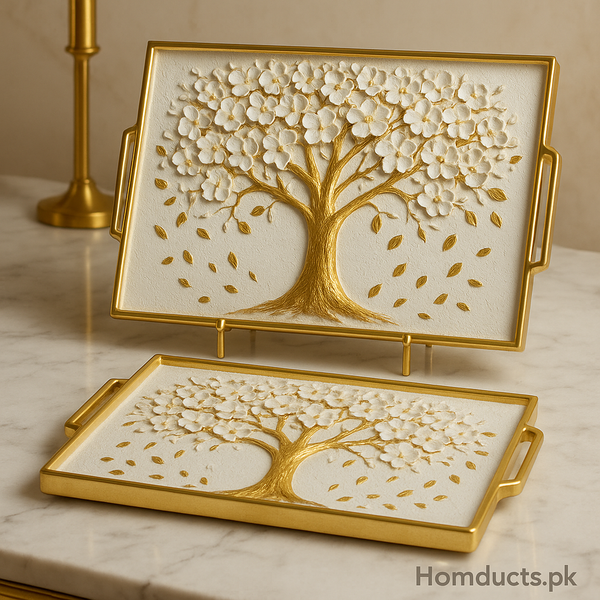 Luxury Golden Tree Serving Tray Set – 2 Pcs | Premium Tea & Snacks Serving Trays